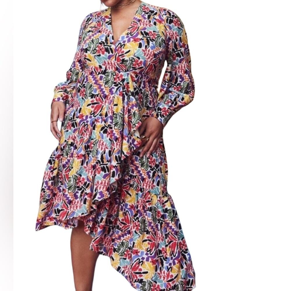 Eloquii Faux Wrap Dress Long Sleeve Bold Floral Leaf Print‎ Multicolor Size 16